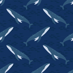 Seamless pattern with blue whale on deep background. For sea themes, packaging and textile designs.