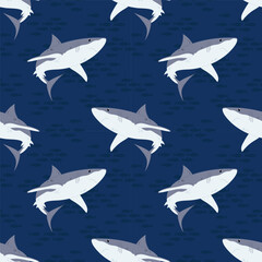 Obraz premium Seamless pattern with a grey shark on deep blue background. For ocean-themed textiles, wallpapers and packaging, postcards or covers.