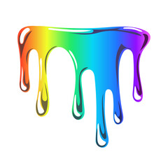 Bright rainbow liquid dripping spot with gloss. Colorful gradient liquid with drops in y2k style. Cute shiny element. Liquid organic shape. Isolated glass element on white background. Vector, cartoon.