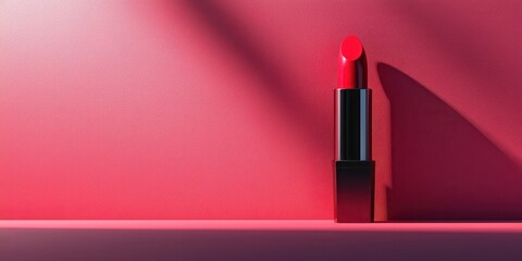 International makeup day with lipstick and cosmetics idea. Vibrant lipstick against a textured pink background.