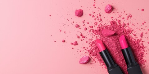 International makeup day with lipstick and cosmetics idea. Lipsticks on a pink background with scattered makeup elements.