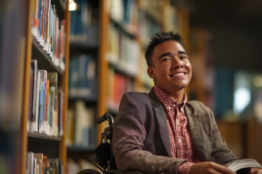 Happy young man in wheelchair studying books at library, pursuing education and knowledge.