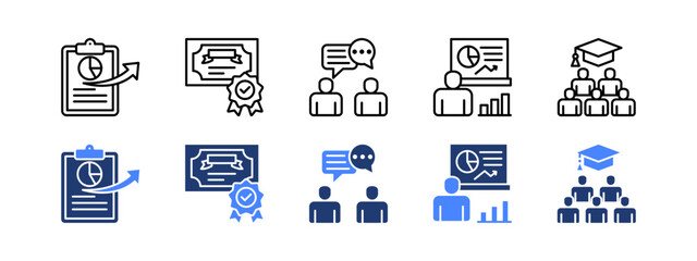 Learning management System icon with Reporting, Certification, Discussion, Statistics, Graduation.