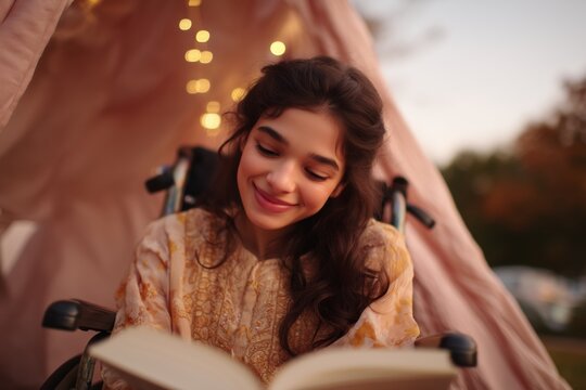 Young woman in wheelchair enjoys reading a book outdoors at sunset, peaceful evening scene.
