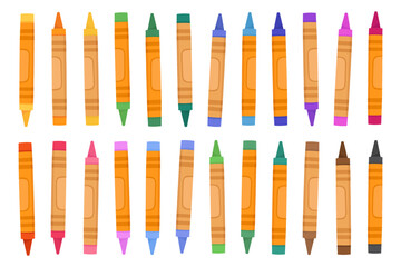 Collection of multi-colored wax crayons, oil crayons on a white background, rainbow colors. Stationery, accessories for drawing, art.