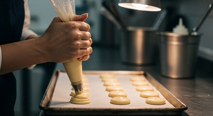 Pastry chef piping batter onto baking sheet for macarons preparation