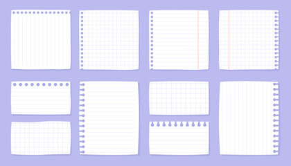 Collection of blank sheets of white paper in a checkered or striped pattern. Notebook sheets, notepad pages, notes sheets, clean blanks.
