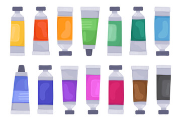 Tubes of paint of different colors, oil, acrylic or watercolor paints. Art supplies. Collection of vector illustrations.