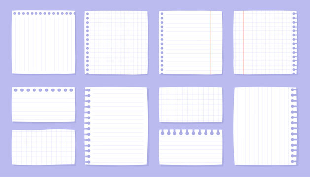 Collection of blank sheets of white paper in a checkered or striped pattern. Notebook sheets, notepad pages, notes sheets, clean blanks.