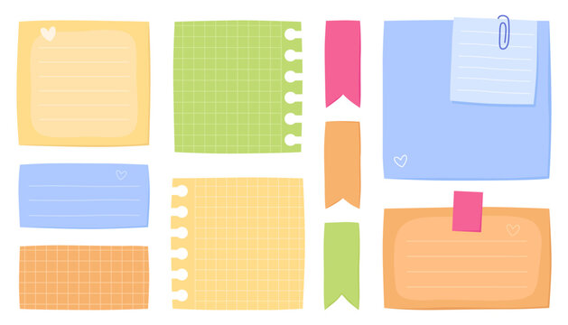 Collection of blank sheets of color paper. Paper notes for daily planner, blank memo sheet stickers for to-do list or reminders. 
