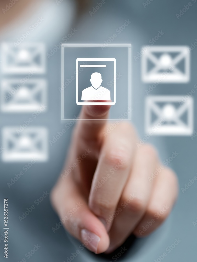 Poster 3d hand reaches through digital interface to extract id card from virtual email icons in minimalisti