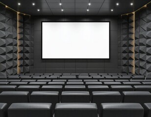 Naklejka premium Modern cinema interior with geometric wall panels and rows of black leather seats