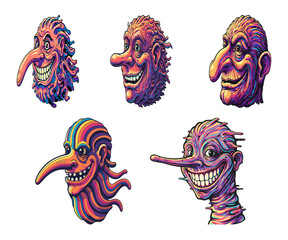 Cartoon monster faces exaggerated features painterly expressive texture, colorful cartoonish fictional characters with long noses. 