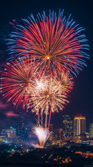 A dazzling display of red, white, and blue fireworks lights up the night sky over a vibrant city skyline, celebrating Independence Day in the United States. The colorful bursts illuminate the building
