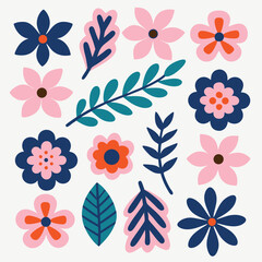 Simple floral vector set of colorful flowers and leaves for graphic design