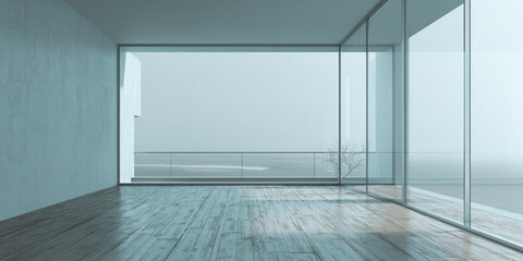 Bright and empty modern room with large windows and polished floor, Minimalist White Room With Windows