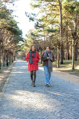 Fototapeta premium Two women walking in the park. Friends walking on a path in the park. Nature.