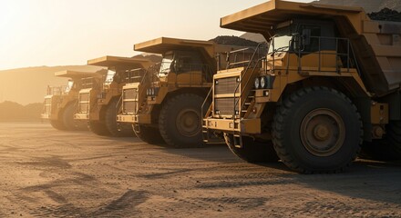 Obraz premium Row of massive yellow mining dump trucks parked on dusty ground at sunset