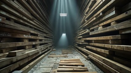 Narrow corridor lined with stacked wooden planks in a dimly lit industrial warehouse with sunlight streaming through skylights above

 - Powered by Adobe
