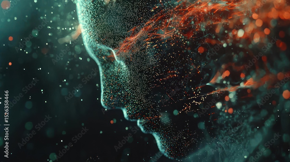 Poster digital soul: abstract portrait of a face forged from particles of light and color