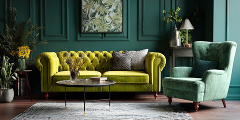 modern style interior room illustration Interior frame living room, Green sofa and chair against green wall with book shelf. 