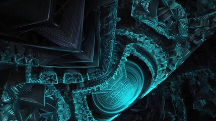Fractal-based digital artwork featuring glowing blue triangular patterns, evoking a mystical, futuristic portal with radiant, hypnotic energy.