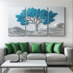 Serene Silver & Teal Tree Triptych