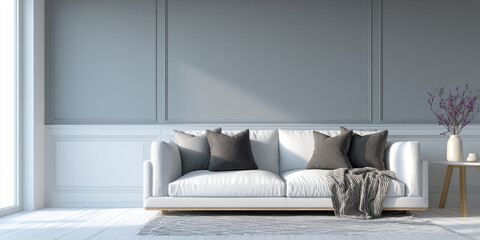 Stylish Scandinavian living room, wall art mockup showcasing two blank frames in a modern and cozy room and whit grey dark wall background 