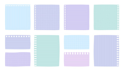 Collection of blank sheets of blue and green paper in a checkered or striped pattern. Notebook sheets, notepad pages, notes sheets, clean blanks.