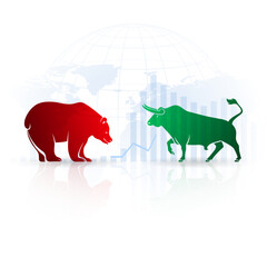 Bear and Bull on the Background of the World Map