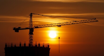 Silhouette of a construction crane against a fiery sunset sky building under construction