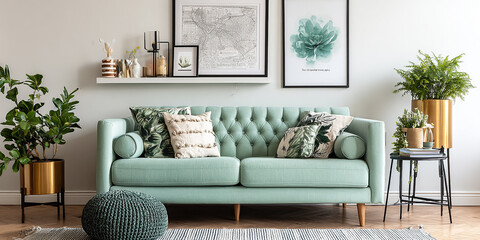 Modern Living Room with Plants and Minimalist Design Elements, A living room with light green sofa armchair and plants near window with shelves and artwork on walls