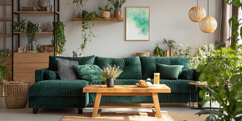 Modern Living Room with Plants and Minimalist Design Elements, A living room with light green sofa armchair and plants near window with shelves and artwork on walls