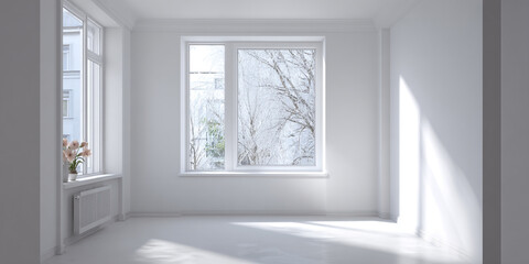 Sunlight streams into a minimalist room with white walls, The open white modern plastic window in the room,