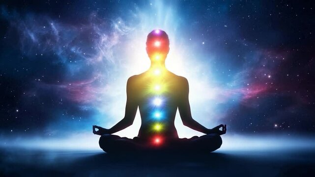Meditative silhouette with chakra alignment against cosmic nebula background