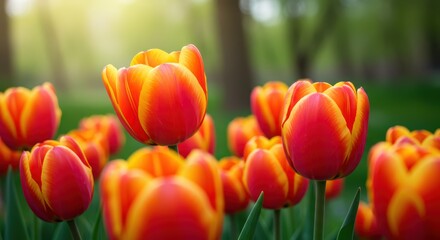 Fototapeta premium The Radiant Embrace of Spring A Vibrant Tapestry Woven with Colorful Tulips Bursting Forth in Joyful Celebration