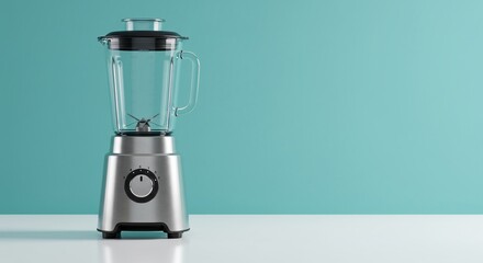 Stainless steel blender with glass jar against a teal background