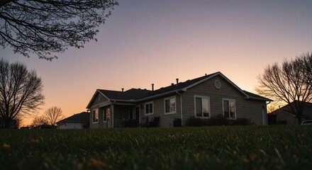 Suburban Home at Dusk Serene Evening Sky and Silhouette Trees