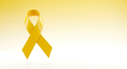 Sarcoma Cancer Awareness Month concept. Yellow ribbon on yellow white gradient background. Symbolic for Bone and Childhood Cancer, Suicide prevention day, Endometriosis week. Banner with copy space.
