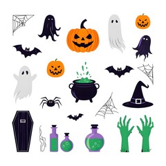 A collection of festive and spooky halloween illustrations in flat vector style