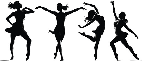 Elegant female dancer silhouettes in motion, ballet and contemporary dance poses, black vector art, expressive movement,