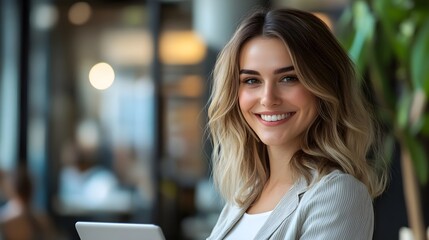Portrait of a happy businesswoman with touchpad in office 