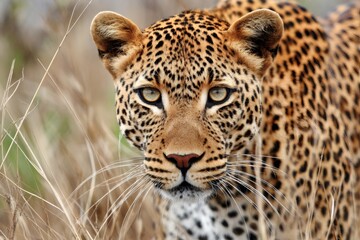 Leopard staring through tall grass in african savanna