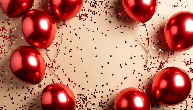 Red balloons arranged in a circular pattern on a beige background, surrounded by scattered red confetti. Ideal for celebration themes.
