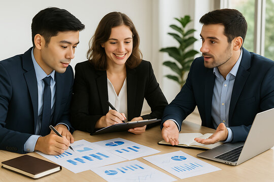  Collaborative Business Meeting, Diverse Professional Team Discussing Financial Performance, Analyzing Market Data Charts, Strategic Planning Session, Corporate Collaboration, Investment Review, Sales