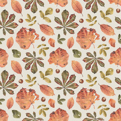Elegant hand drawn pattern design with illustrations of fallen leaves. Perfect for home textile, wallpapers, fabrics, apparel, packaging design, stationery and other printed goods