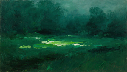 Obraz premium Emerald green forest night landscape painting