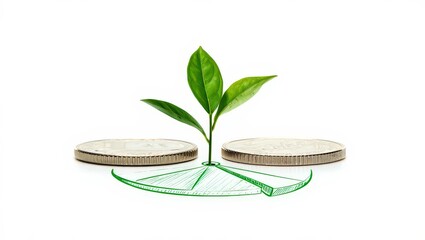 Plant sprouting from coins on pie chart isolated on white background