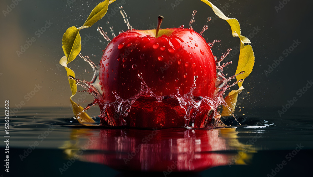 Poster a dramatic image of a red apple splashing into water, causing a dynamic explosion of droplets and sc