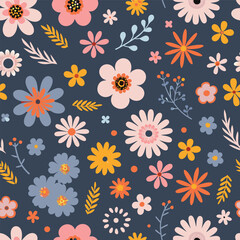 Obraz premium Seamless floral pattern with colorful hand drawn flowers and decorative elements on navy blue background